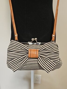 American Eagle Outfitters Black & Cream Striped Bow Crossbody with Tan Strap